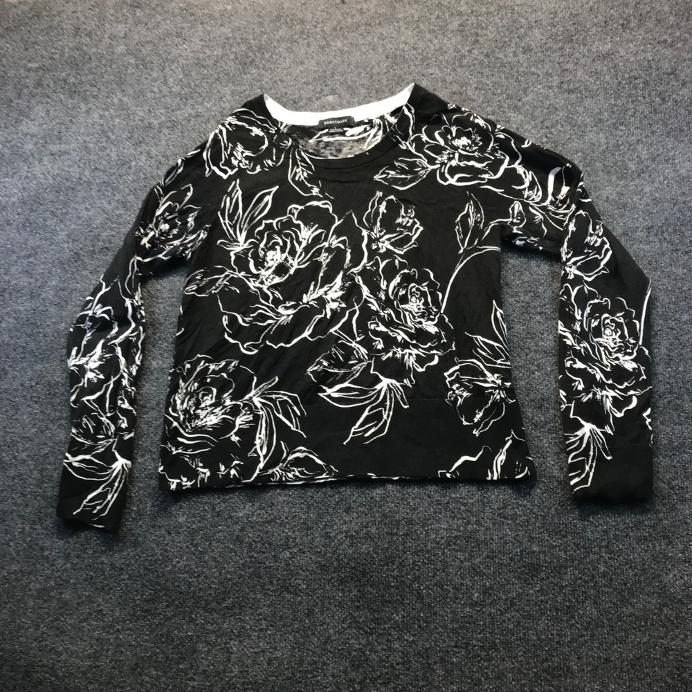 Sanctuary Floral Blouse Womens Large Black White Crew Neck Knit Top
